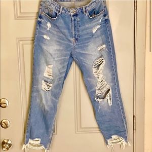 Zara Distressed high rise boyfriends jeans - medium blue denim